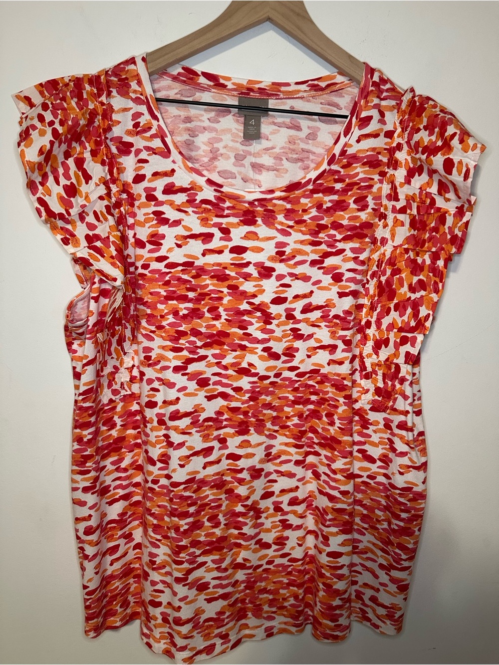 Chico’s Ruffle Sleeveless Scoop Neck Top SZ 4 pullover Knit pattern Orange/White